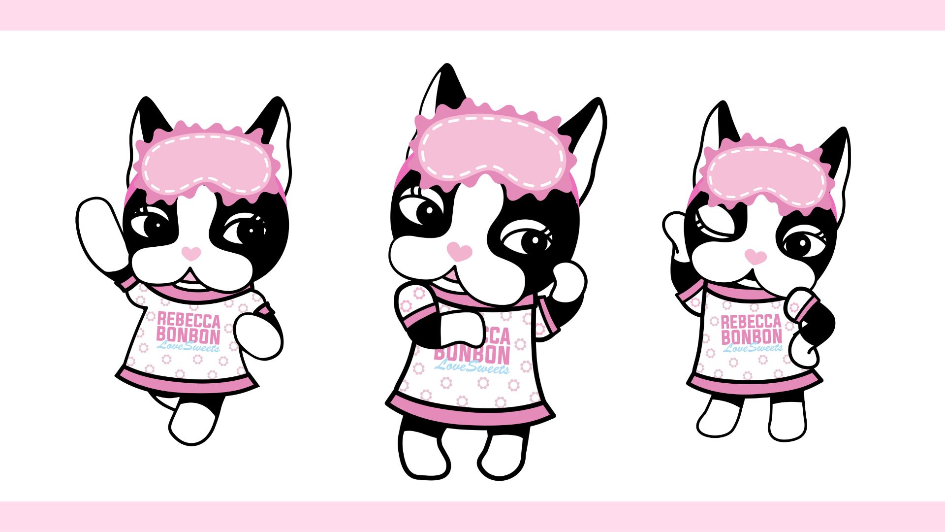 Três Rebeccas de pijamas, o pijama tem estampa de flores e na frente a escrita "Rebecca Bonbon - Love Sweets"