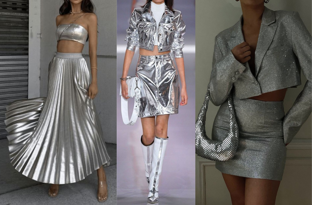Três look da tendência metalizado: um conjunto de saia plissada e cropped, um conjunto de saia reta com jaqueta cropped, e um conjunto de saia e blazer cropped, com uma pegada mais social.