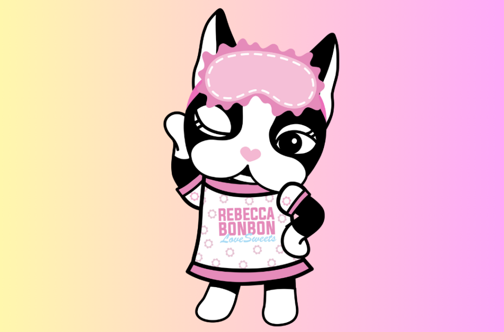 Rebecca de pijama florido e tampão de olho para dormir.