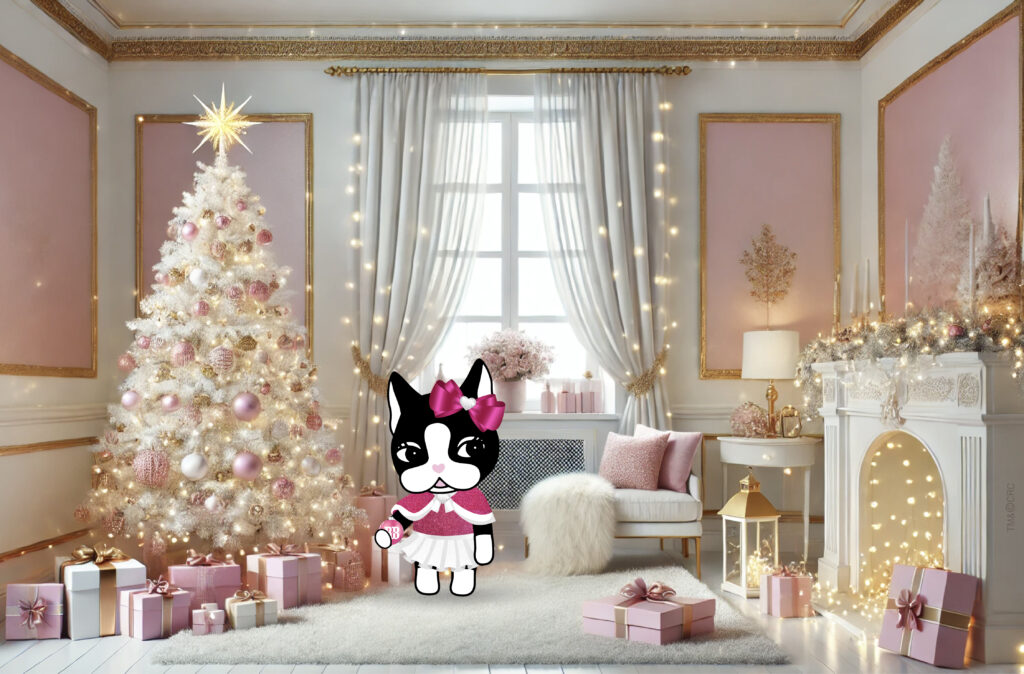 Rebecca Bonbon ao lado da árvore de Natal
